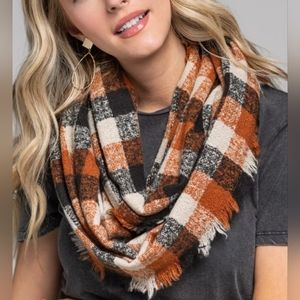 Tan Multi Colored plaid infinity scarf with frayed edges